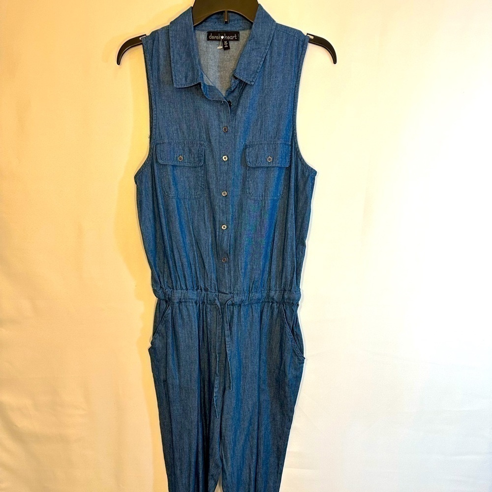 Derek Heart Jumper Jumpsuit Romper Sz M Sleeveless Blue Chambray Denim Collared - Picture 3 of 12